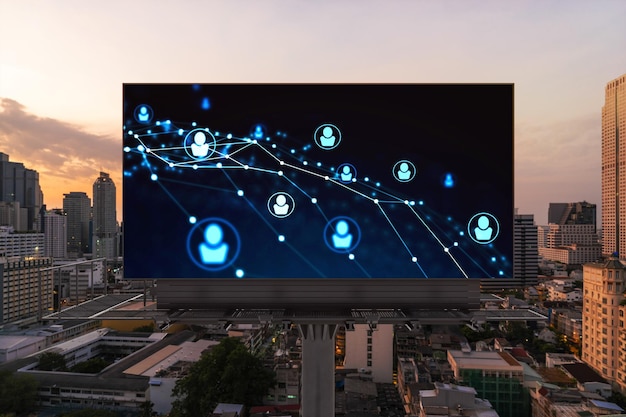 Glowing Social media icons on billboard over sunset panoramic city view of Bangkok The concept of networking and establishing new connections between people and businesses in Southeast Asia