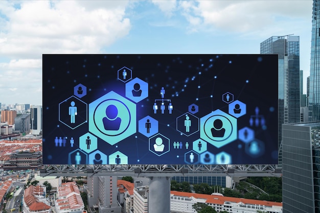 Glowing Social media icons on road billboard over panoramic city view of Singapore Southeast Asia The concept of networking and establishing new connections between people and businesses