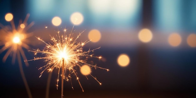 Glowing sparklers against a blurred night sky with bokeh lights