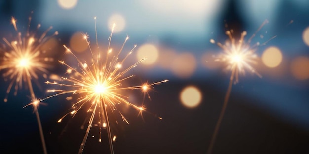 Glowing sparklers against a blurred night sky with bokeh lights