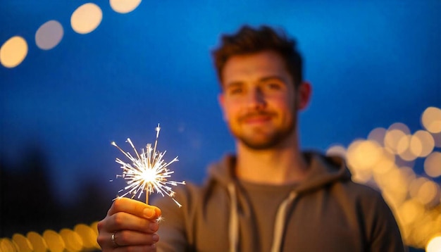 Photo glowing sparklers against a blurred night sky with bokeh lights