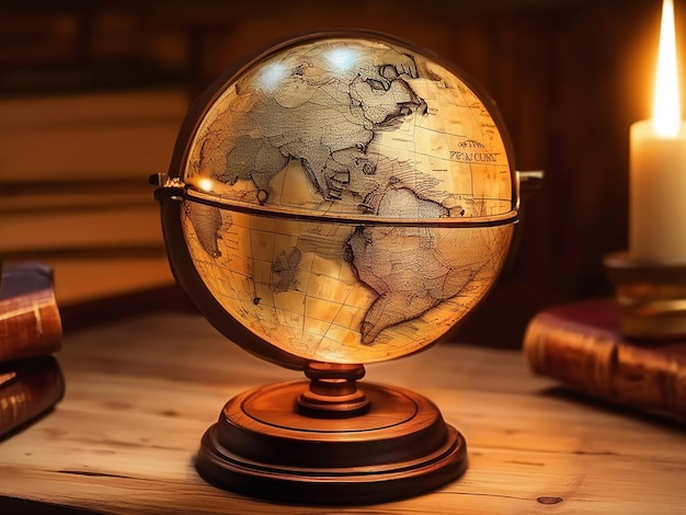 Glowing sphere illuminates old world map on wooden table