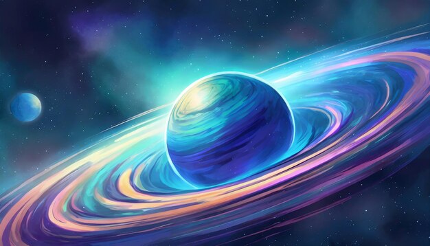 Glowing sphere orbits blue planet in space