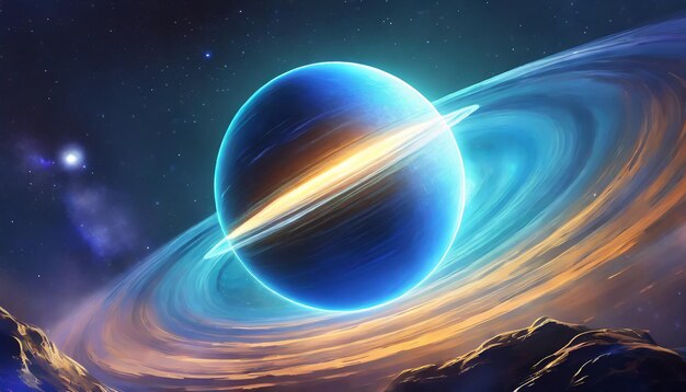 Glowing sphere orbits blue planet in space