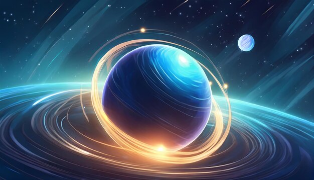 Glowing sphere orbits blue planet in space