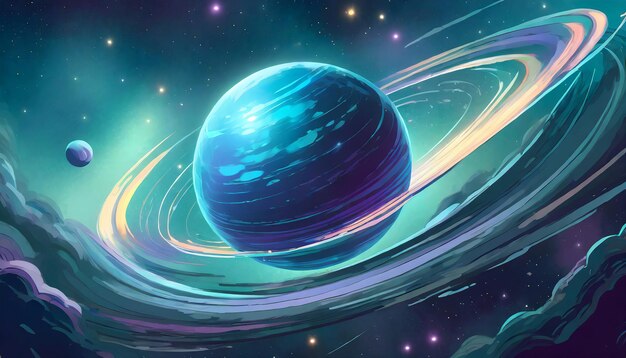 Glowing sphere orbits blue planet in space