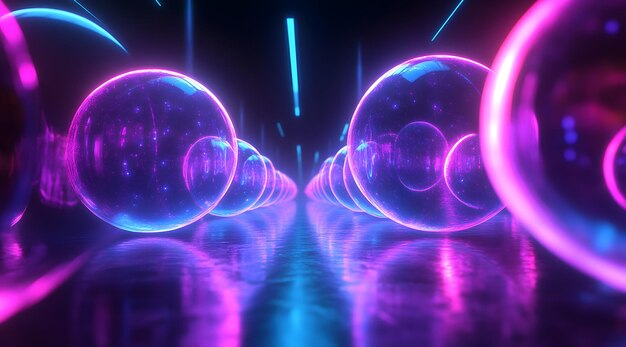 Photo glowing spheres and neon lights in a dark tunnel