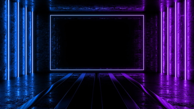 Glowing square neon dark room abstract background Blue and pink neon light color 3D rendering