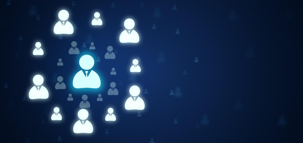 Glowing staff icons on a blue background representing the concept of personnel selection in a company