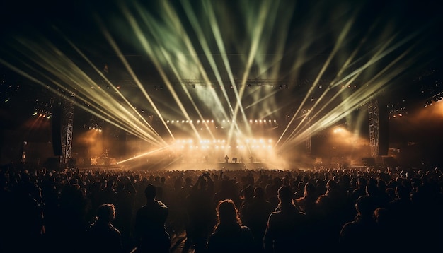 Glowing stage light illuminates cheering rock fans generated by AI