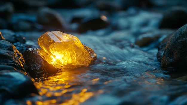 a glowing stone in the water with a yellow light