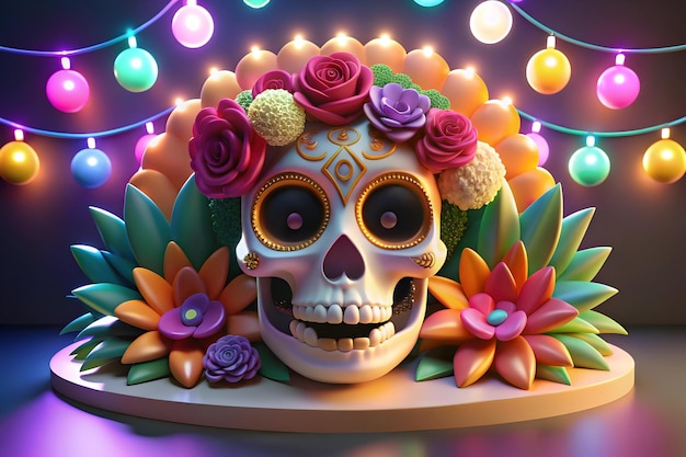 Photo glowing sugar skull with neon patterns concept as a digital artwork showcasing a glowing sugar skull