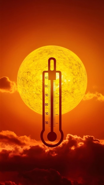 Glowing sun on orange sky with thermometer as a symbol for global warming