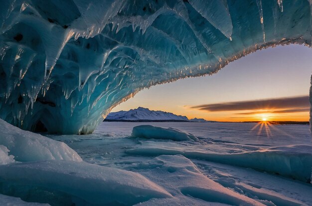 Glowing Sunset Over Ice Cave Generative AI