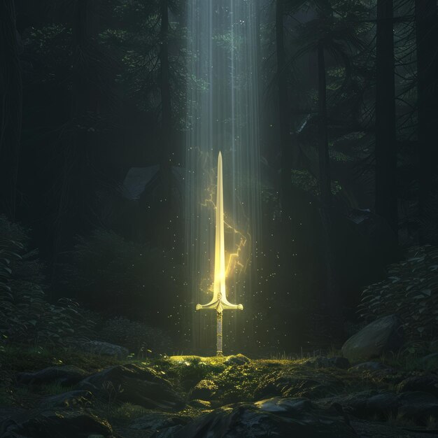 Photo a glowing sword in a dark forest