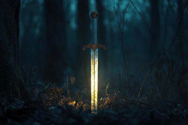 Photo a glowing sword stands in the dark forest illuminated by an ethereal light at dusk