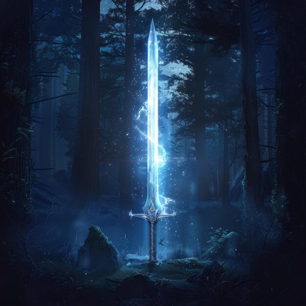 Photo a glowing sword stands in a dark forest