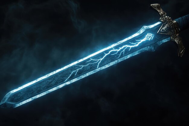 Photo glowing sword with blue lightning effects illuminated against a dark background