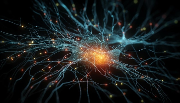 Glowing synapses connect for futuristic neural communication pattern generated by AI