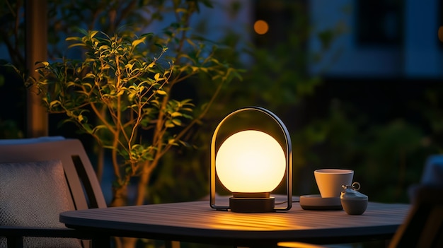 Photo a glowing table lamp beside a cup on a wooden patio table in the evening