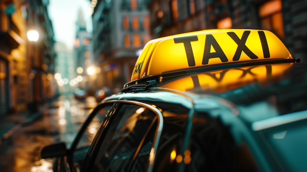 Photo a glowing taxi sign atop a car reflects the vibrant city nightlife