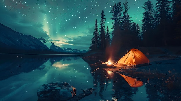 A glowing tent was set up on the shore of Lake Mortensen in Canada under an aurorafilled sky creatin