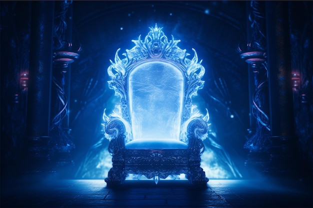 A glowing throne sits on a dark stage with a blue glow