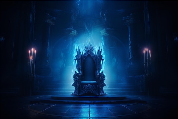 A glowing throne sits on a dark stage with a blue glow