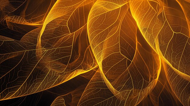 Photo glowing translucent leaves with intricate vein patterns illuminated in warm golden hues creating an