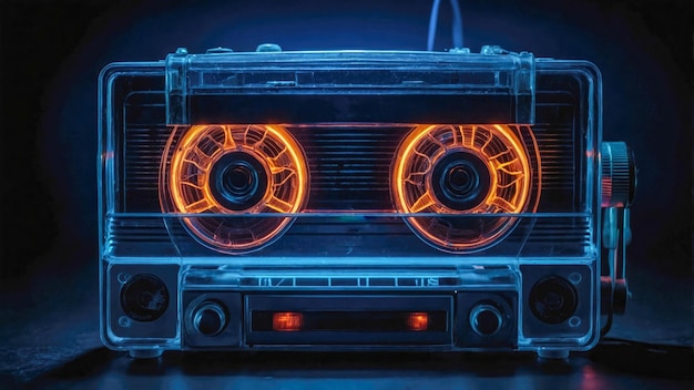 A glowing transparent neon blue cassette tape against a dark background showcasing a retro vibe