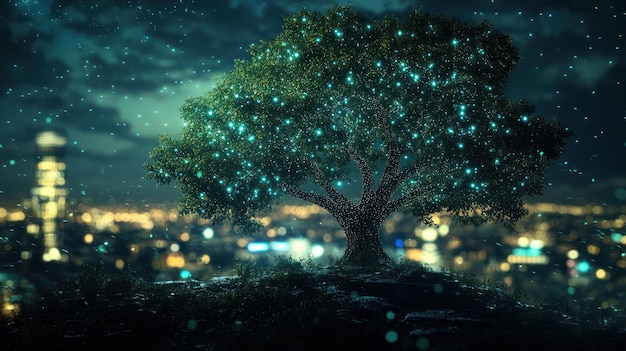 Glowing Tree in Cityscape