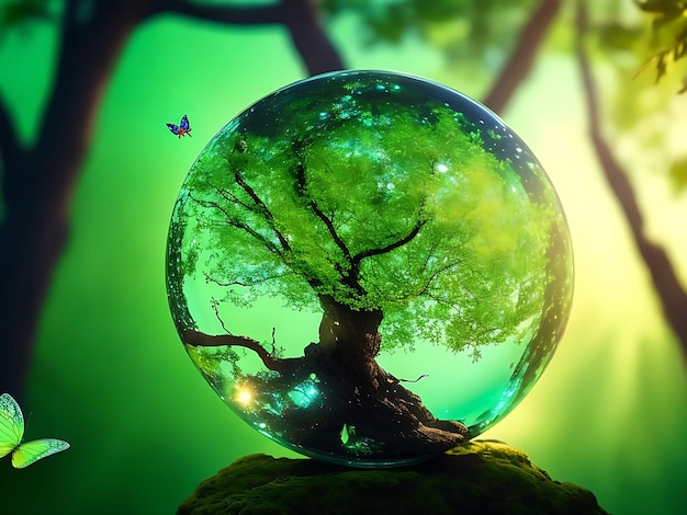 Glowing tree on globe crystal glass ball in hand with butterfly green background with bokeh