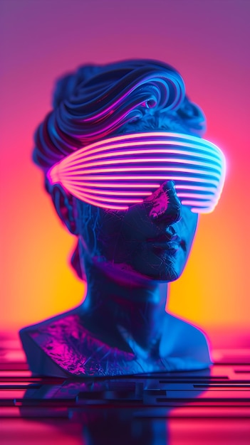 Glowing Vaporwave Statue in Retro 80s Neon Abstract Background