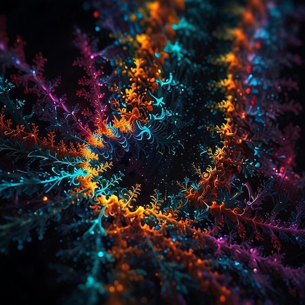 Photo glowing vibrant fractals shifting and evolving in a dark void with dynamic color changes and mesmer