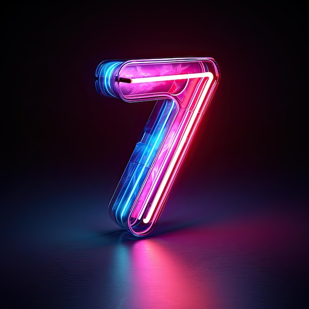 Glowing vibrant neon numeral seven in the dark