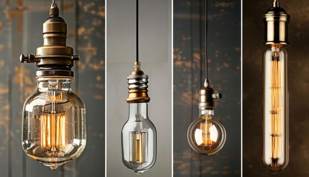 Photo glowing vintage light bulbs with unique shapes and warm filament illumination