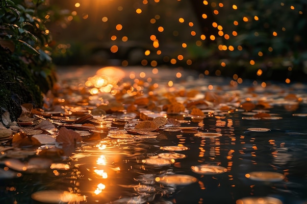 Glowing Water Stream Among Leaves