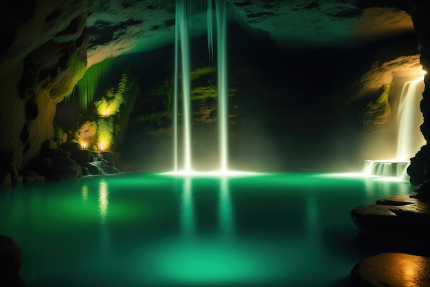 A glowing waterfall in a cave with green lights