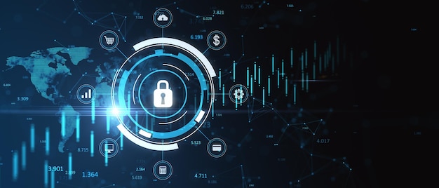 Glowing wide blue padlock hologram with forex chart and map on dark background Secure and online safety concept 3D Rendering