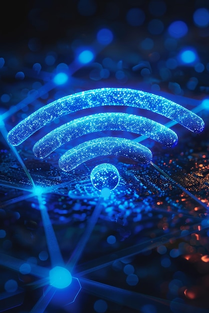 Glowing WiFi Symbol with Blue Digital Network Background