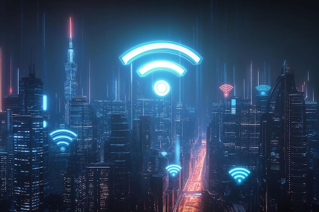 Photo glowing wifi symbols over futuristic cityscape wi fi connectivity concept in city with skyscrapers copy space