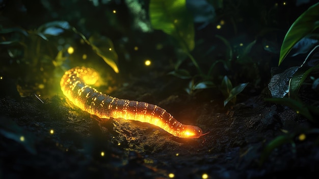 Photo a glowing worm in the dark