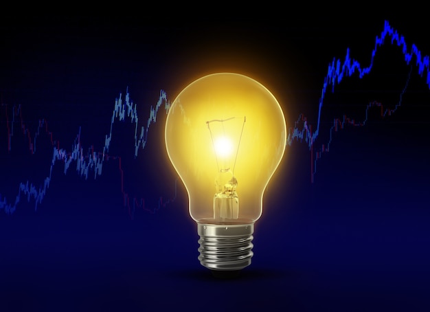 Glowing yellow light bulb business idea concept