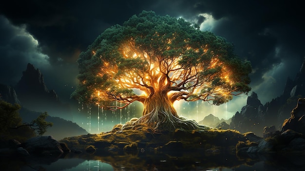 Glowing Yggdrasil Tree of Life in Norse Mythology