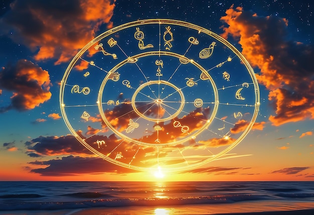 Photo a glowing zodiac wheel with all twelve astrological signs set against a vibrant sunset sky