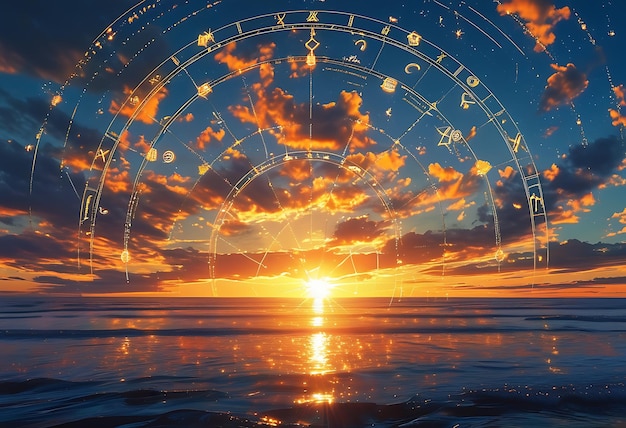 Photo a glowing zodiac wheel with all twelve astrological signs set against a vibrant sunset sky