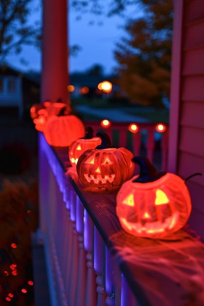 Glowinthedark Halloween decorations on a porch railing