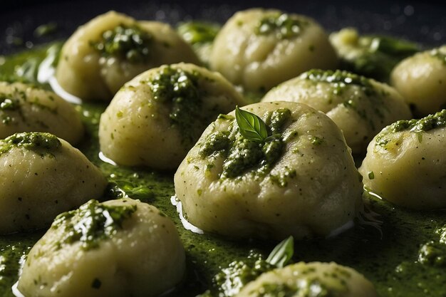 Gnocchi dumplings floating in a sea of pesto