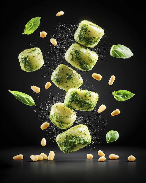 Gnocchi and pesto floating with pine nuts and basil leaves create vibrant culinary scene