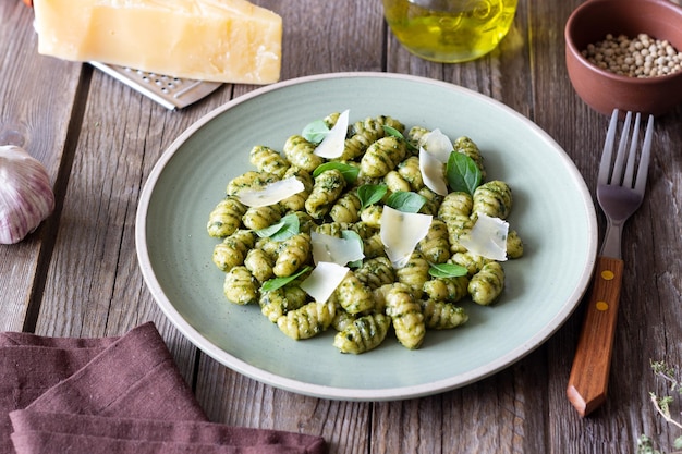 Gnocchi with pesto sauce basil and Parmesan cheese Healthy food Vegetarian food Diet